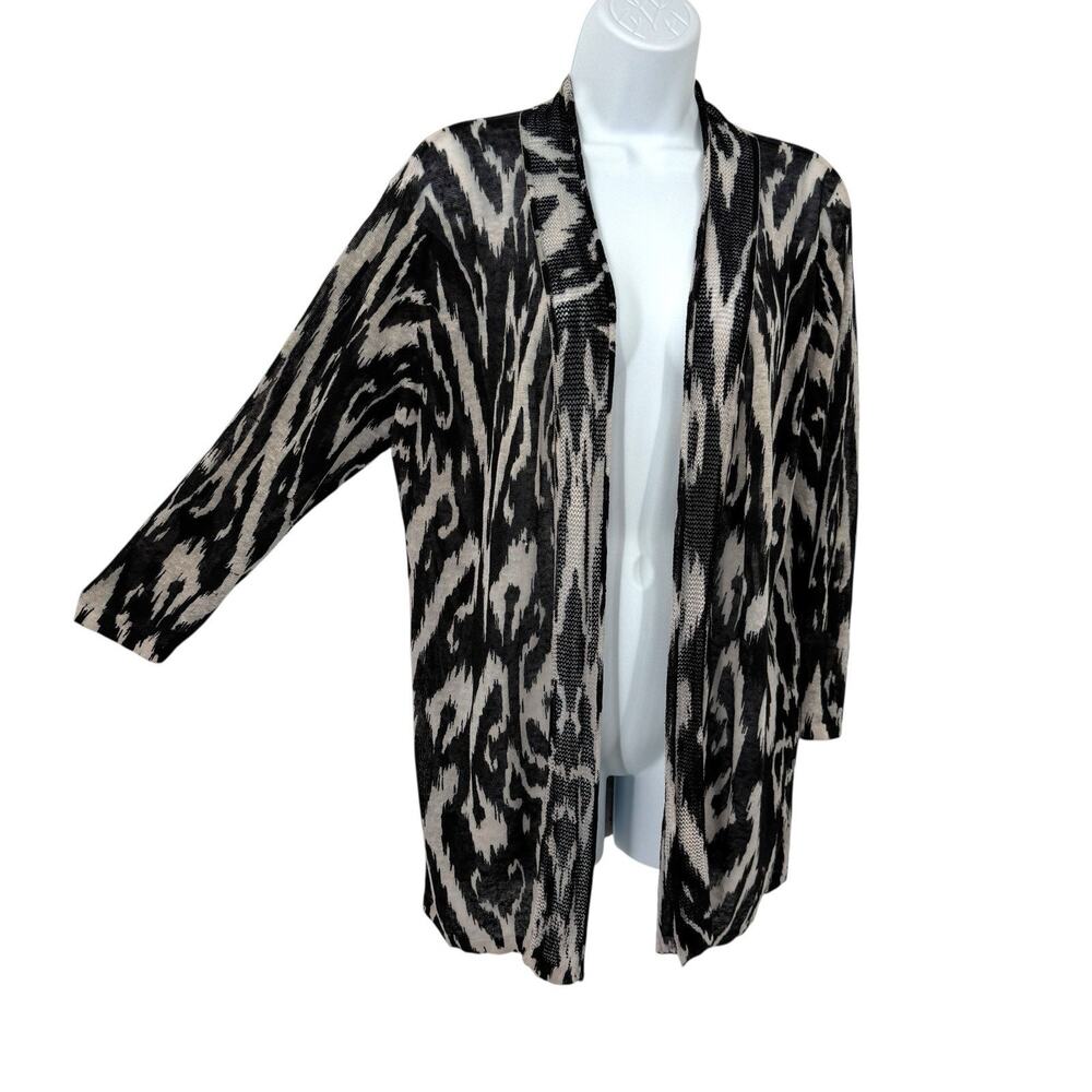 Chicos 3 Linen Blend Ikat Cardigan size XL Black White 3/4 Sleeve Open Shrug